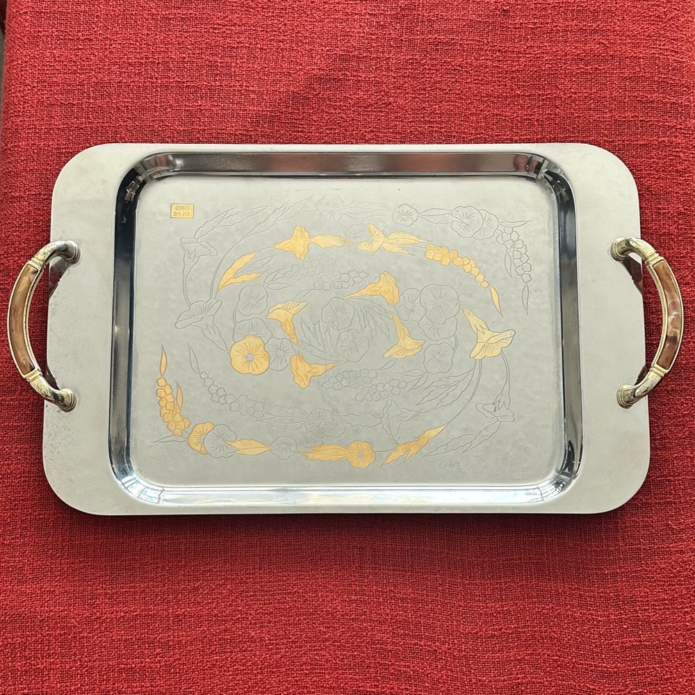 Vintage Silver Tray with 24K Gold Inlay